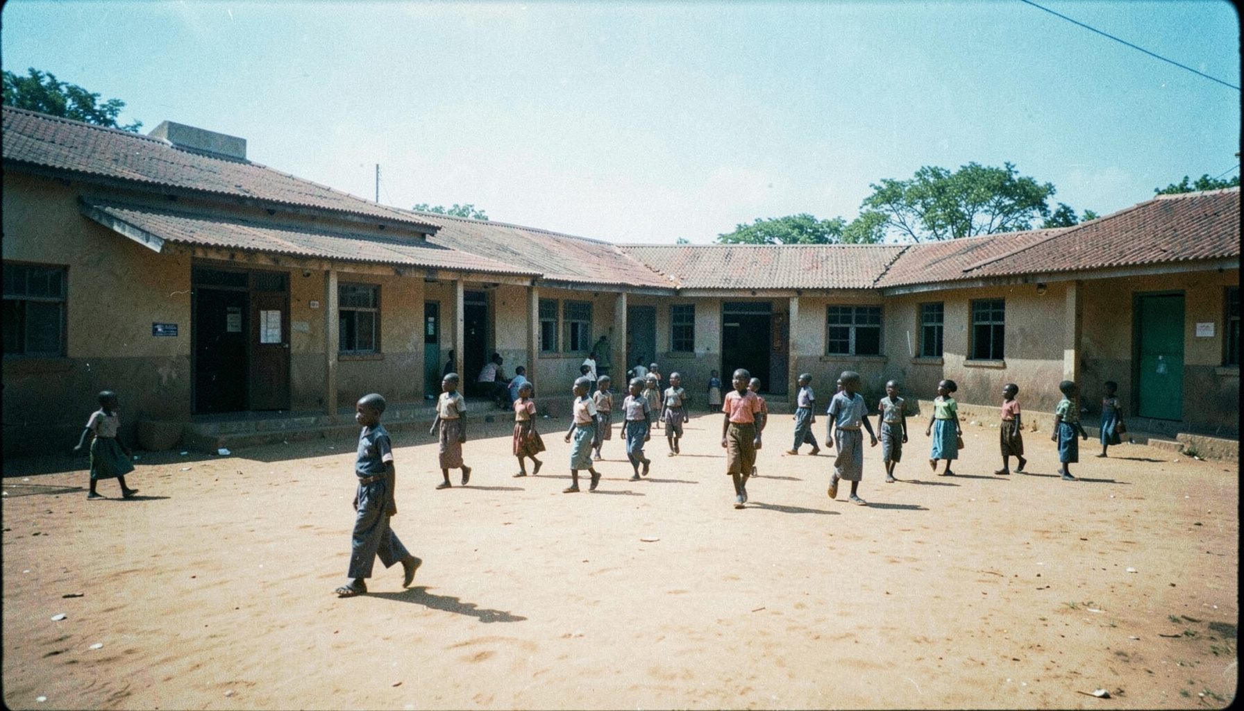 A wide-angle view of a rural Ghanaian primary school building with children in uniforms walking across a dusty courtyard under bright sunlight