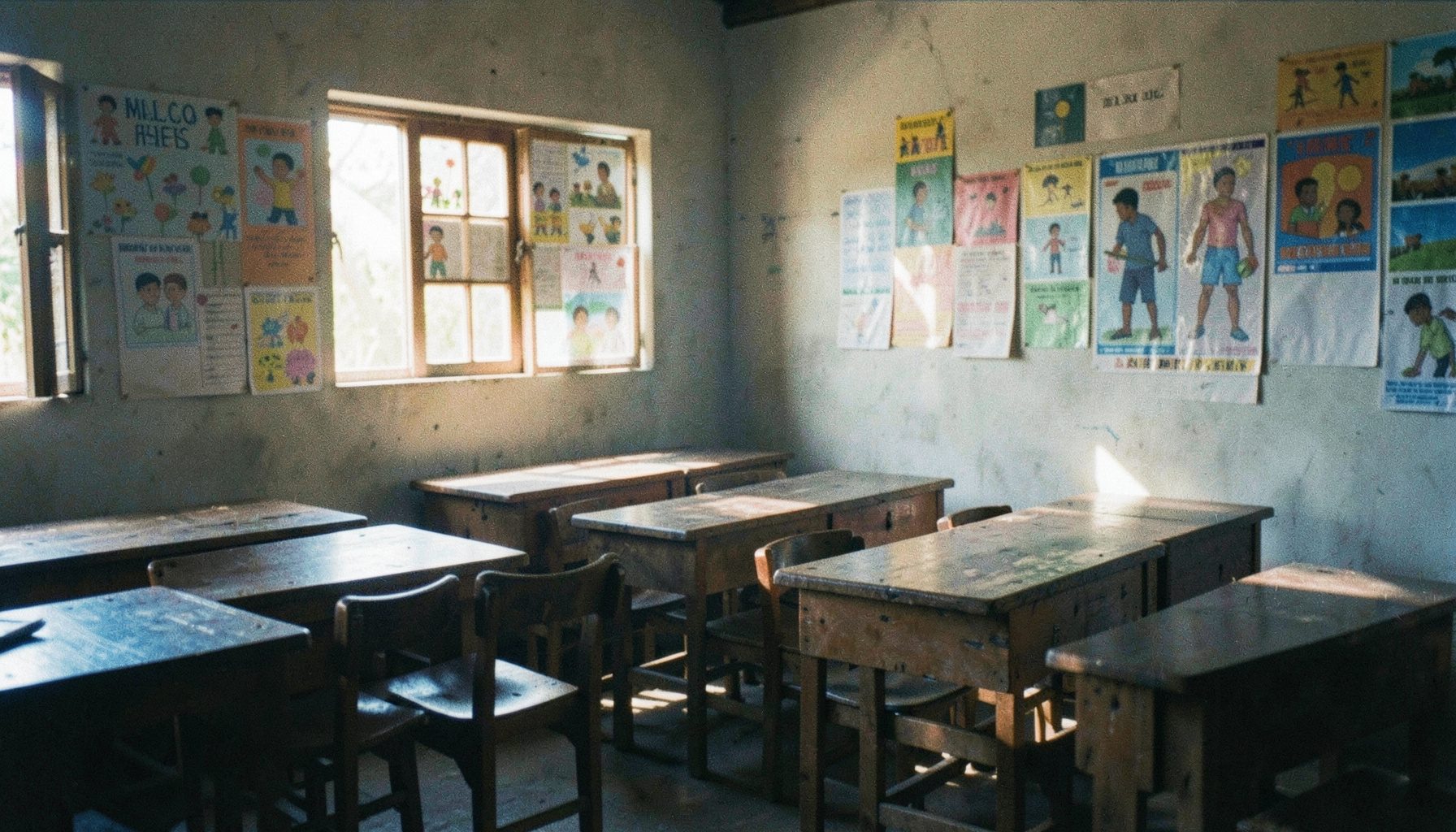 A softly lit classroom scene in rural Ghana with wooden desks and colorful learning posters on the walls, warm natural light streaming through windows